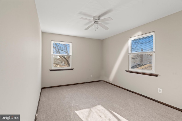 unfurnished room with carpet, baseboards, and ceiling fan