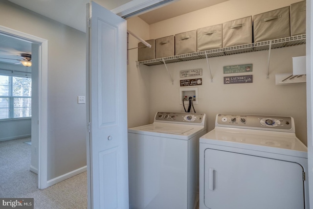 laundry area featuring laundry area, baseboards, ceiling fan, carpet flooring, and separate washer and dryer