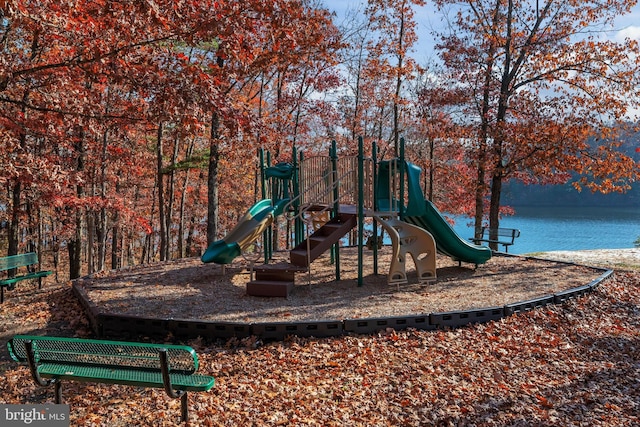 community play area featuring a water view