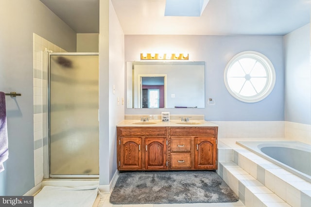 bathroom featuring a stall shower, a wealth of natural light, and a sink