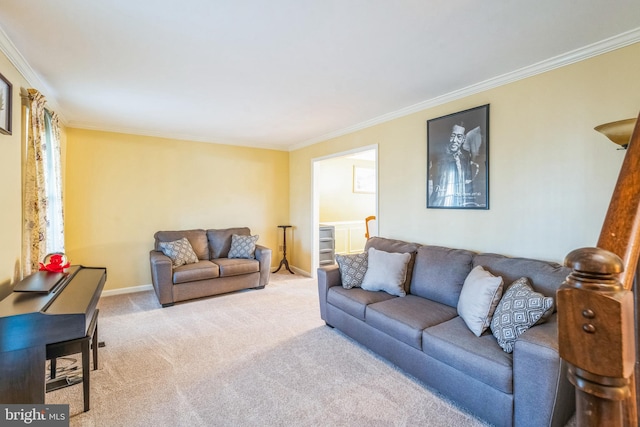 living area featuring crown molding, baseboards, and carpet floors