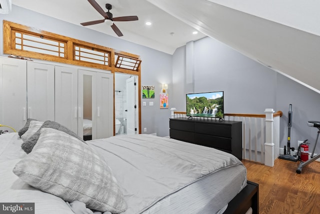 bedroom featuring high vaulted ceiling, recessed lighting, and wood finished floors