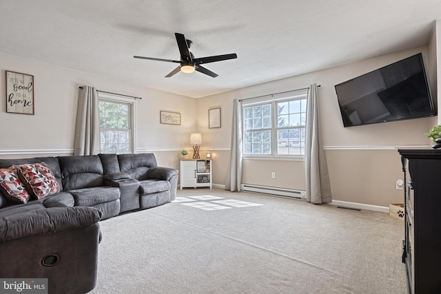 carpeted living area featuring visible vents, a baseboard radiator, a ceiling fan, and baseboards