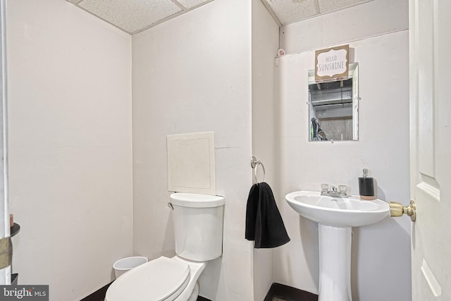 half bathroom featuring toilet and a paneled ceiling