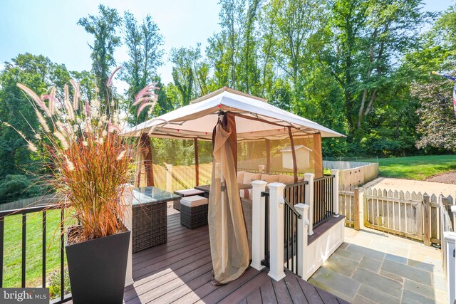 wooden terrace with a fenced backyard