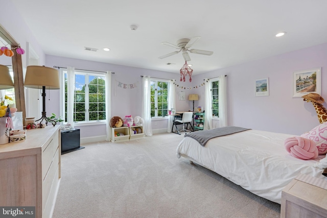 bedroom with recessed lighting, visible vents, a ceiling fan, light carpet, and baseboards