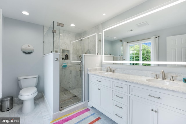 bathroom featuring toilet, a shower stall, double vanity, and a sink