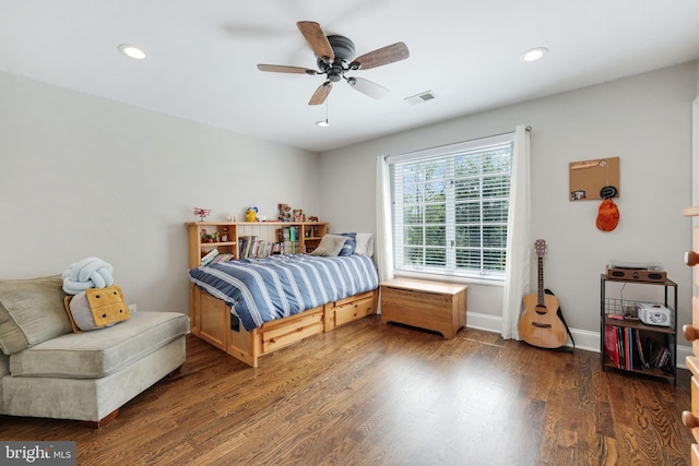 bedroom with recessed lighting, ceiling fan, baseboards, and wood finished floors