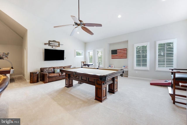 playroom featuring lofted ceiling, recessed lighting, pool table, a ceiling fan, and light carpet