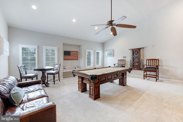 game room featuring ceiling fan, recessed lighting, light carpet, billiards, and baseboards