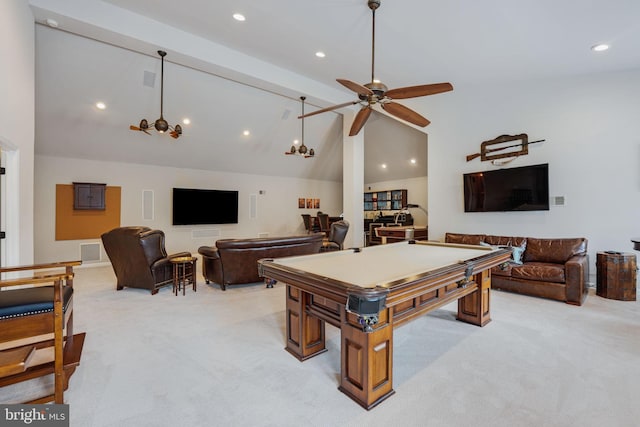 recreation room with recessed lighting, light carpet, pool table, visible vents, and beamed ceiling