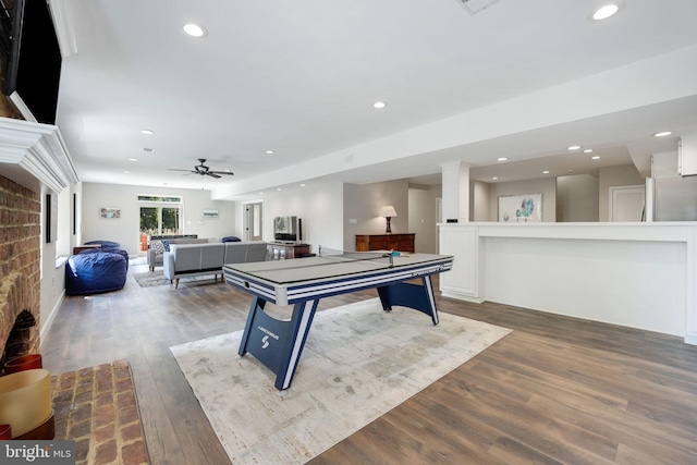 playroom featuring recessed lighting, ceiling fan, and wood finished floors