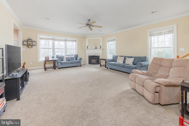 carpeted living area with crown molding, baseboards, a ceiling fan, and a healthy amount of sunlight