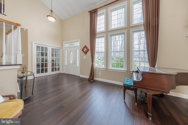 foyer entrance featuring high vaulted ceiling, french doors, dark wood-style flooring, and a wealth of natural light