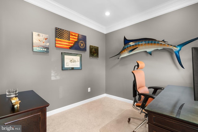 office area featuring recessed lighting, baseboards, and ornamental molding