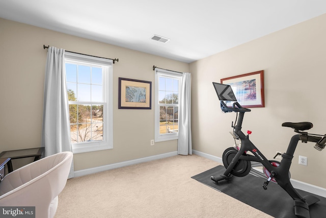 exercise room with visible vents, baseboards, and carpet flooring