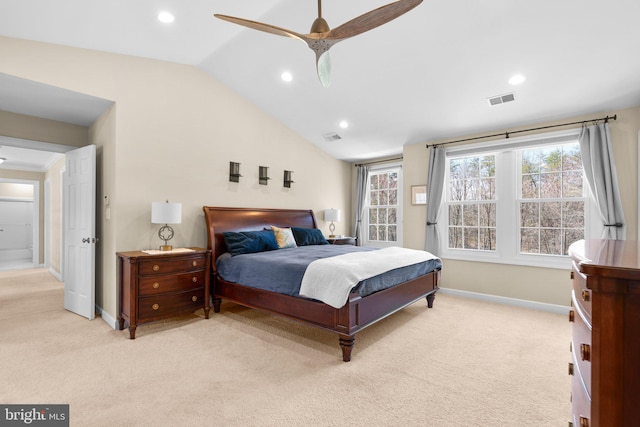 bedroom featuring baseboards, visible vents, recessed lighting, vaulted ceiling, and light carpet