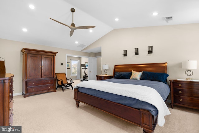 bedroom with visible vents, ceiling fan, lofted ceiling, light carpet, and recessed lighting