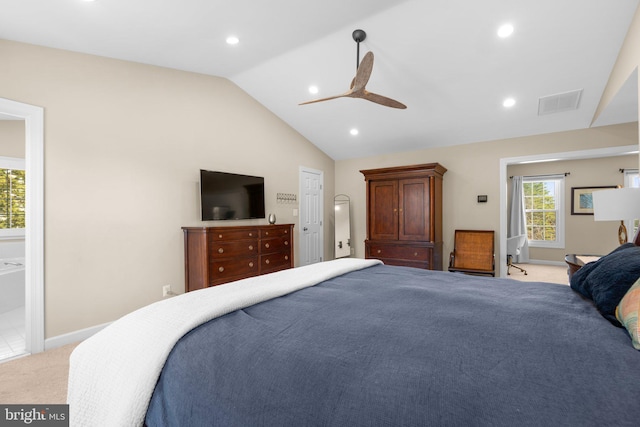 bedroom with vaulted ceiling, recessed lighting, visible vents, and light carpet