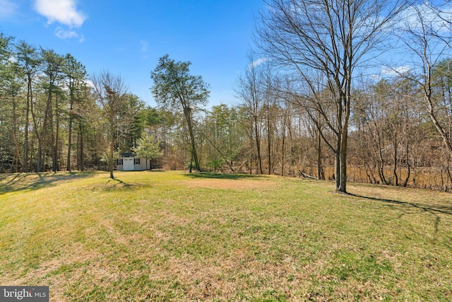 view of yard with a forest view and an outbuilding