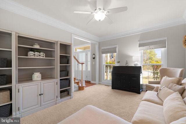 carpeted living area featuring a healthy amount of sunlight, ornamental molding, and a ceiling fan