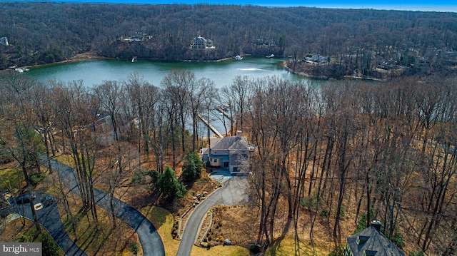 bird's eye view featuring a forest view and a water view