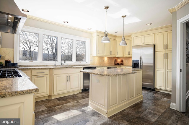 kitchen with dishwashing machine, light stone countertops, stainless steel fridge with ice dispenser, extractor fan, and cream cabinets