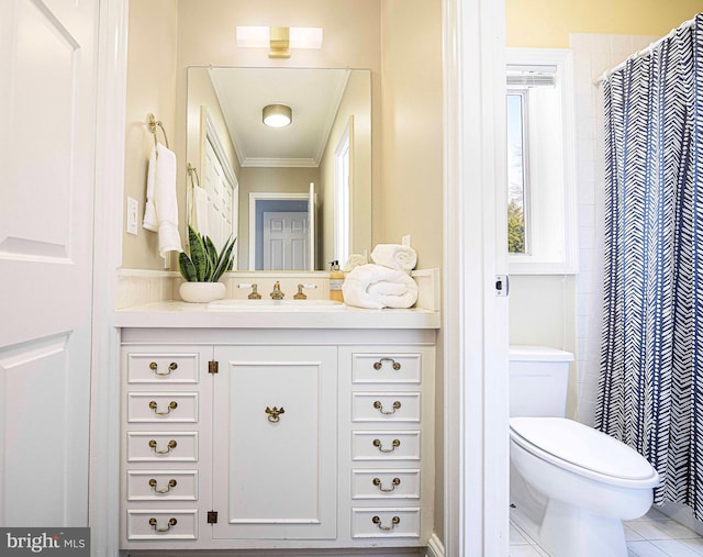 full bathroom with vanity, crown molding, curtained shower, tile patterned floors, and toilet