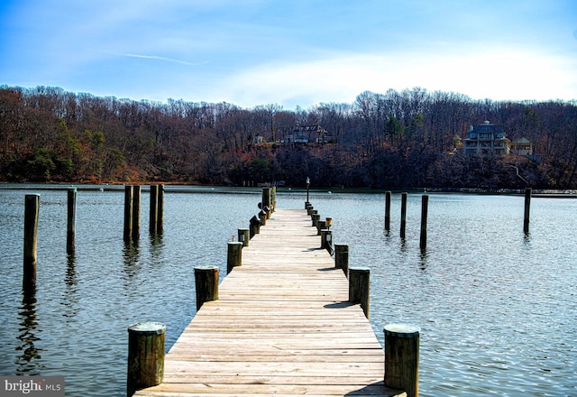 view of dock with a wooded view and a water view