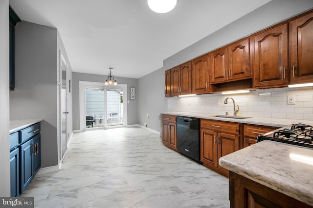 kitchen featuring black appliances, marble finish floor, backsplash, and a sink