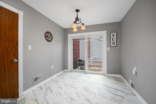 unfurnished dining area featuring marble finish floor, visible vents, and baseboards