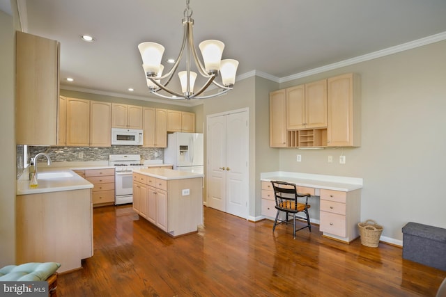 kitchen featuring white appliances, dark wood finished floors, crown molding, light brown cabinetry, and a sink