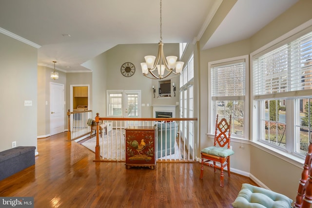 interior space with a notable chandelier, a fireplace, wood finished floors, a healthy amount of sunlight, and ornamental molding