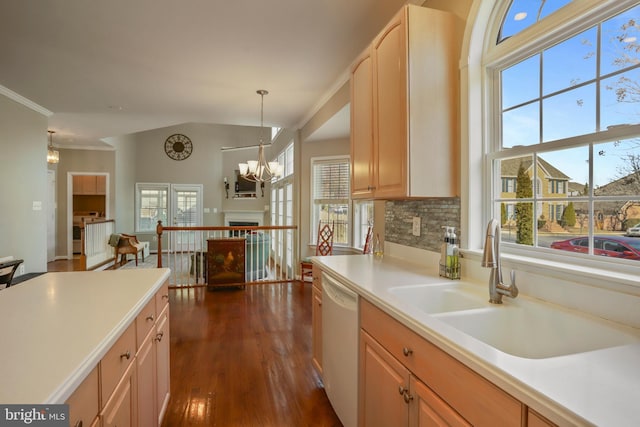 kitchen featuring dishwasher, dark wood-type flooring, light countertops, a fireplace, and backsplash