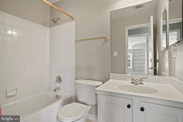 bathroom with toilet, bathtub / shower combination, visible vents, and vanity