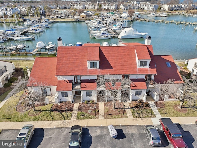 aerial view featuring a water view