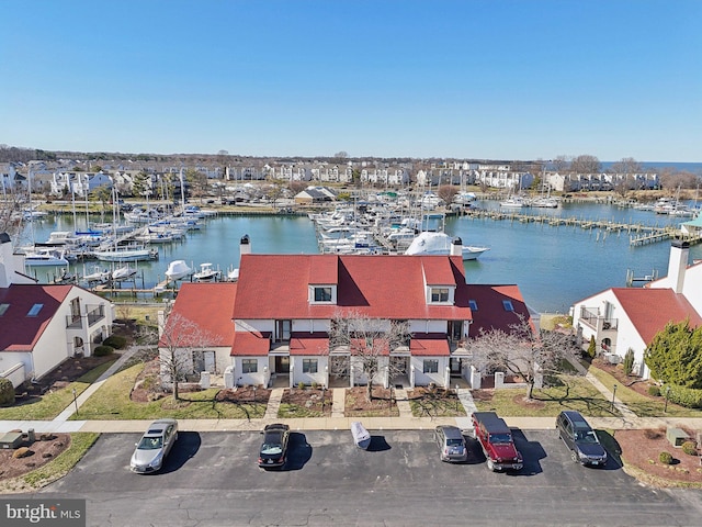 drone / aerial view with a water view