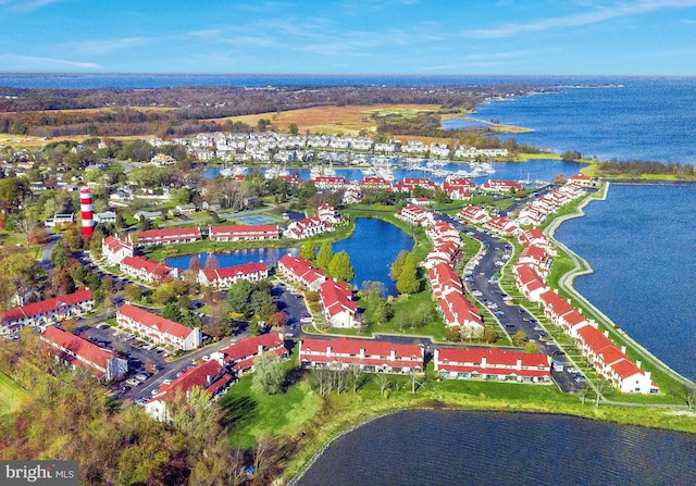 drone / aerial view featuring a water view