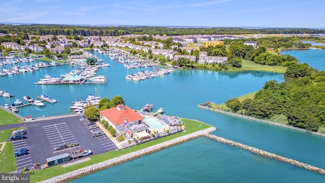 drone / aerial view with a water view