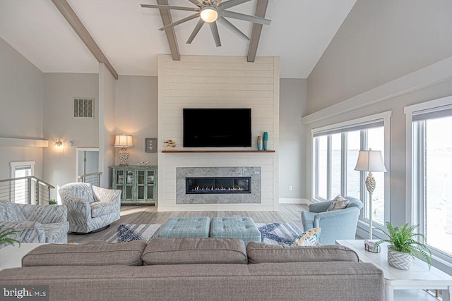 living area featuring high vaulted ceiling, wood finished floors, visible vents, beamed ceiling, and a glass covered fireplace