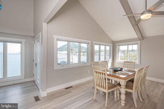 dining room with light wood-style floors, visible vents, high vaulted ceiling, and baseboards