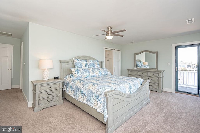 bedroom featuring light carpet, access to exterior, baseboards, and visible vents