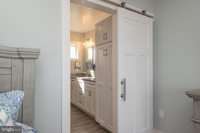 bathroom with vanity and wood finished floors