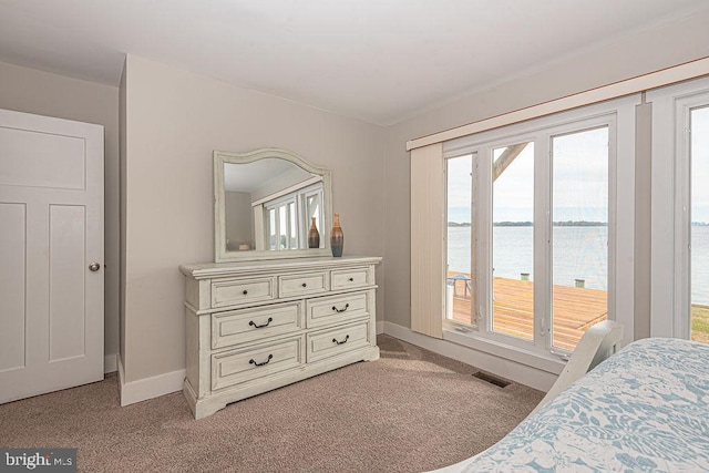 bedroom featuring baseboards, visible vents, light colored carpet, a water view, and access to exterior