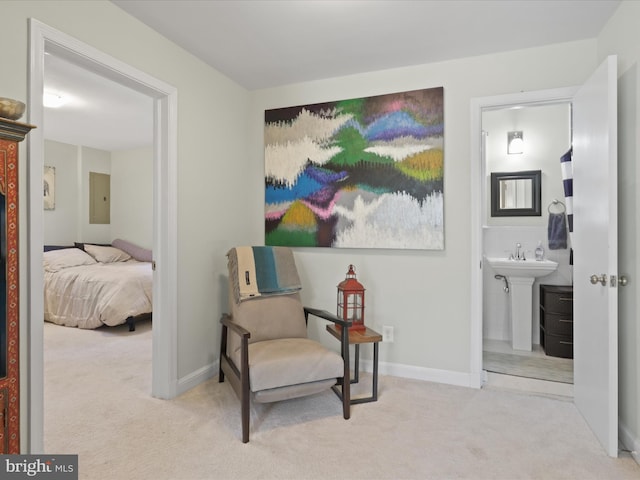 sitting room with electric panel, carpet, and baseboards