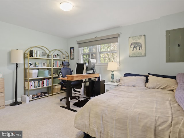 bedroom featuring carpet flooring, electric panel, and baseboards