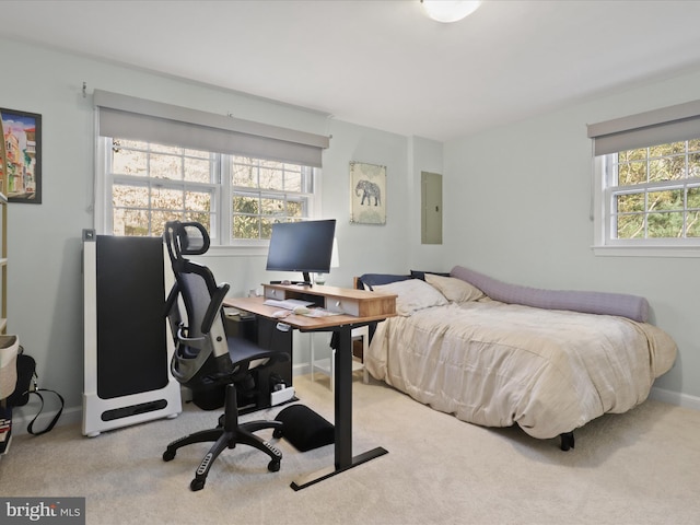 bedroom featuring electric panel, baseboards, and carpet floors