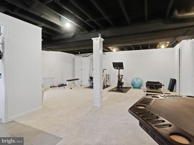 workout area featuring carpet flooring