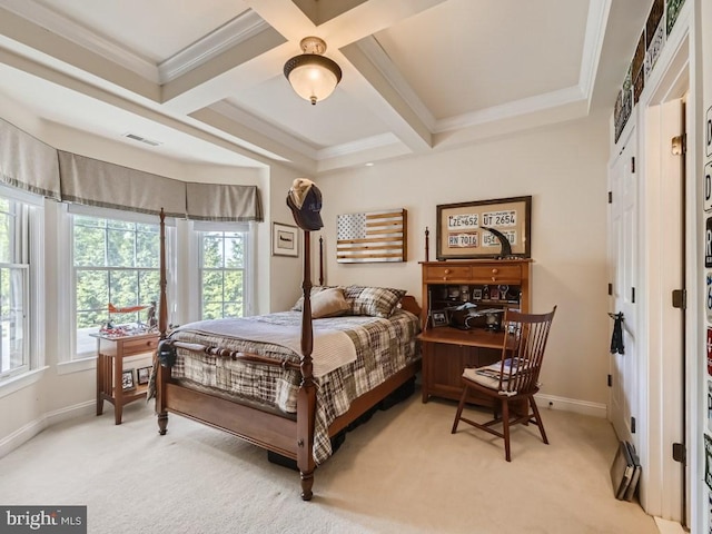 bedroom with light carpet, baseboards, coffered ceiling, and crown molding