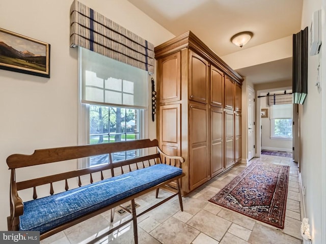 hallway featuring a barn door